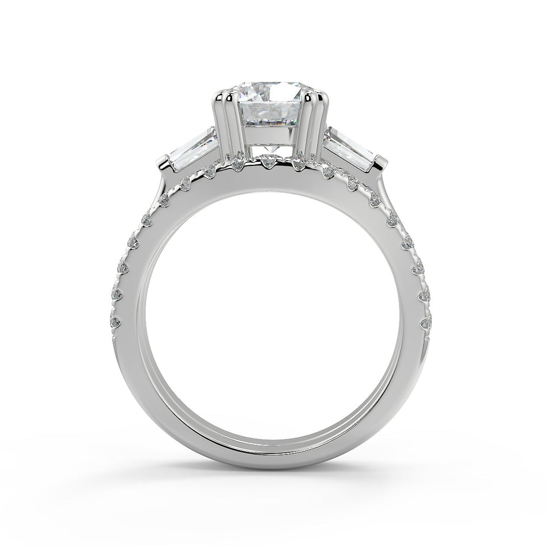 Maggie Baguette Accents 3 Stone Round Cut Double Prong Ring