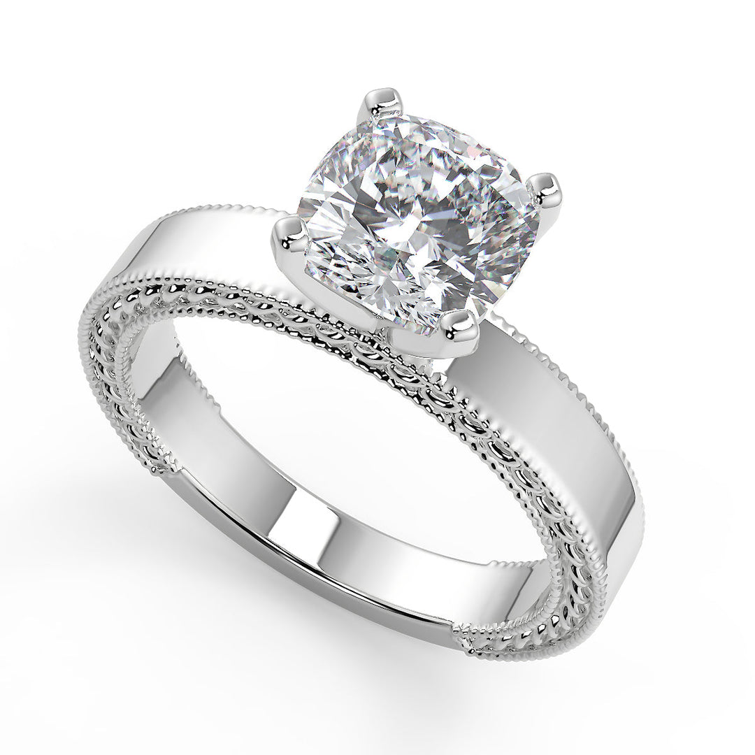 Karlee Hand Carved Milgrain Solitaire Cushion Cut Diamond Engagement Ring