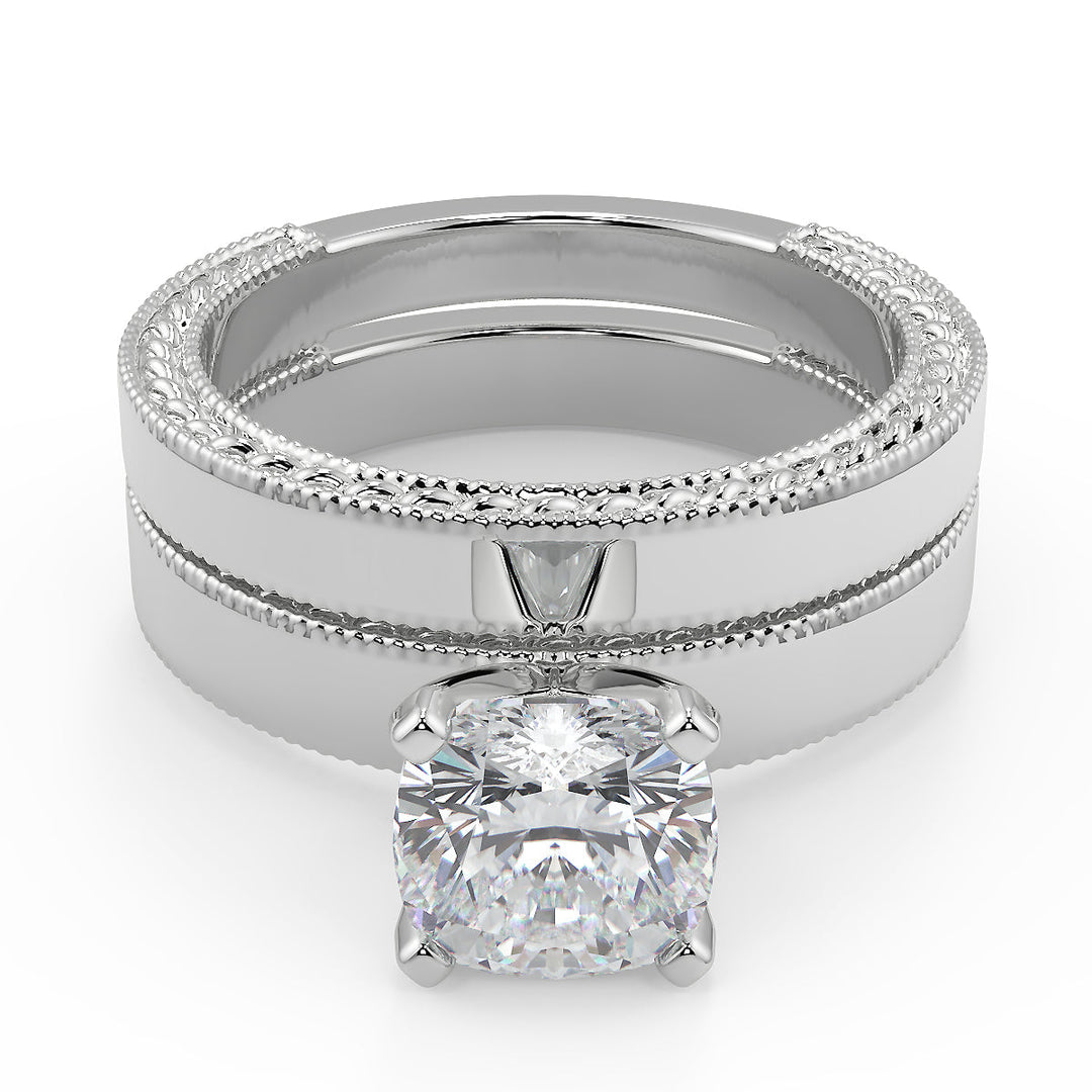 Karlee Hand Carved Milgrain Solitaire Cushion Cut Diamond Engagement Ring