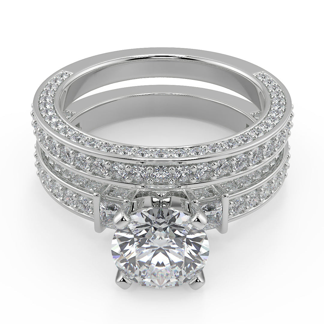 Priscilla Bar Set 3 Sided Pave Round Cut Diamond Engagement Ring